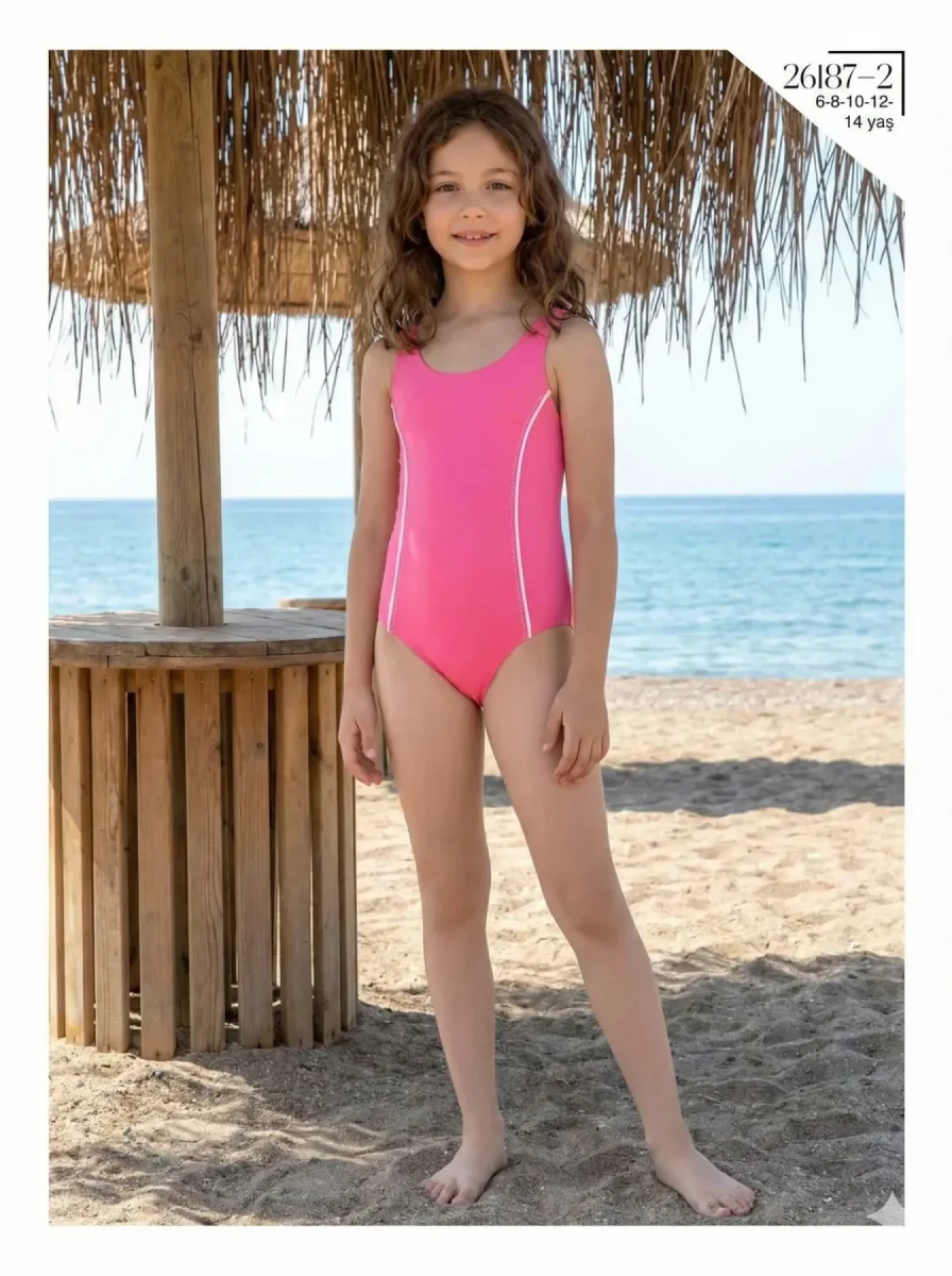 Toptan 2026 Kız Çocuk Mayo - Pembe Beyaz Biyeli Model - İstanbul Mayo - 1