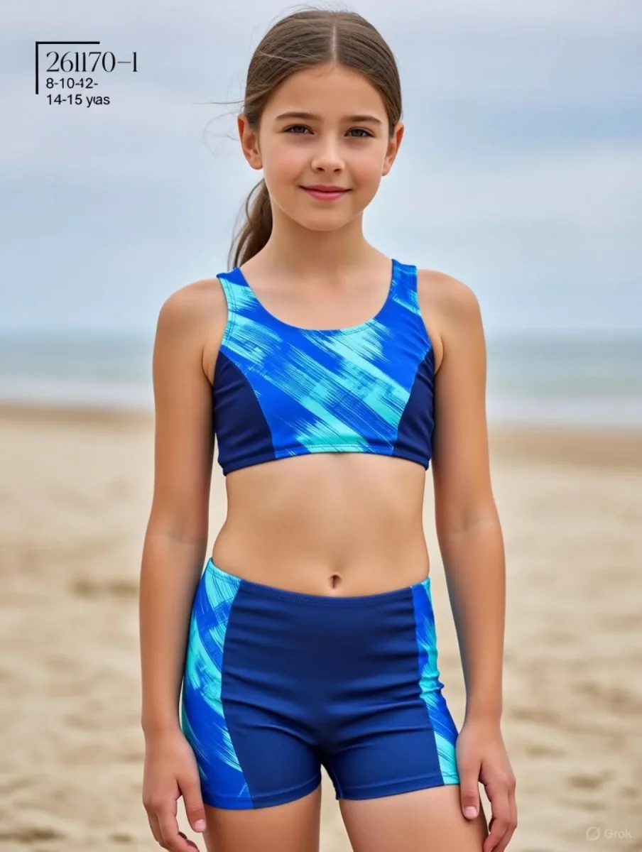 Toptan 2026 10-16 Yaş Bikini Modelleri - Lacivert Turkuaz Desenli Şortlu Takım - İstanbul Mayo - 1