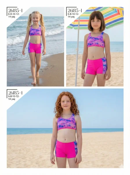 Toptan 2026 Pembe Mor Desenli Kız Çocuk Şortlu Bikini Takımı - İstanbul Mayo - İstanbul Swimwear