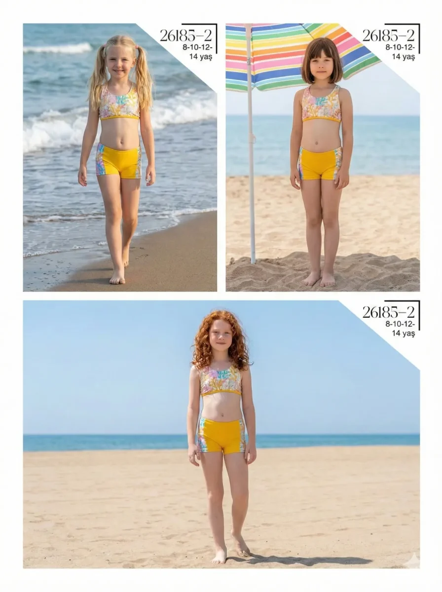 Toptan 2026 Sarı Desenli Kız Çocuk Şortlu Bikini Takımı - İstanbul Mayo - 1
