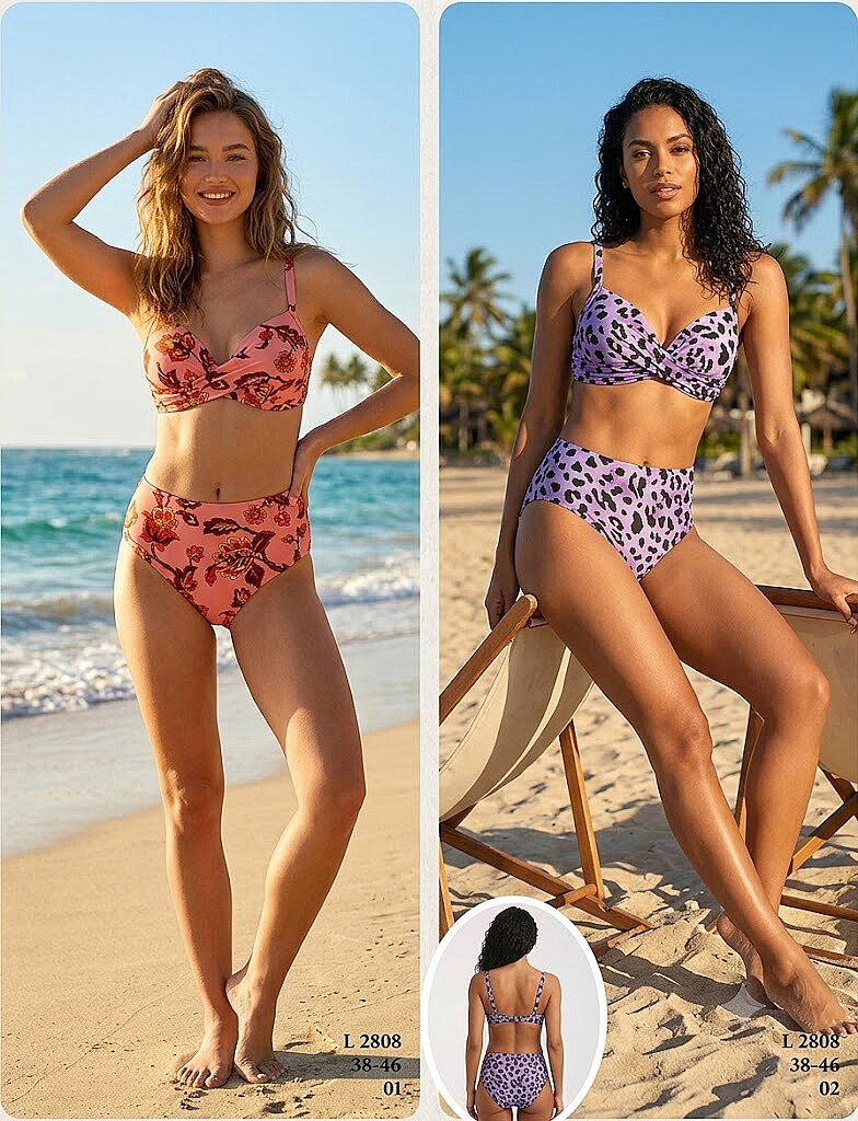 Toptan Boyundan Bağlamalı Bikini Mercan & Lila Desenli (Model 2808 / 38-46 Seri) - 1