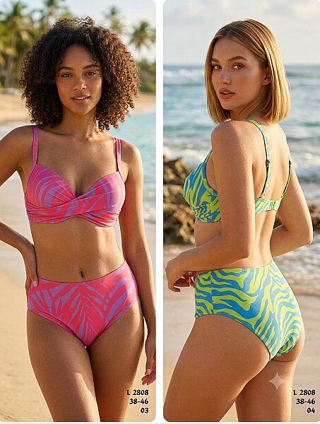 Toptan Boyundan Bağlamalı Bikini Pembe-Mercan & Mavi-Fıstık Yeşili Desenli (Model 2808 / 38-46 Seri) - 1