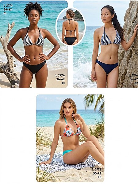 Toptan Boyundan Bağlamalı Üçgen Bikini Lacivert-Beyaz & Mercan-Turkuaz Desenli (Model 2774 / 36-42 Seri) - 2