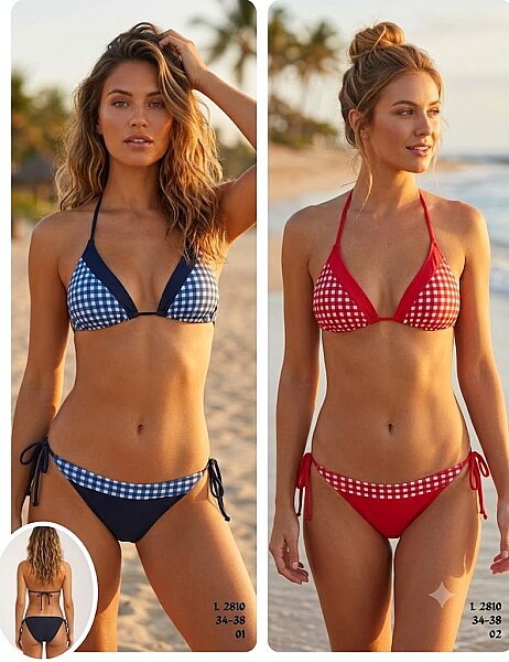 Toptan Boyundan Bağlamalı Üçgen Bikini Lacivert-Beyaz & Kırmızı-Beyaz Desenli (Model 2810 / 34-38 Seri) - 1