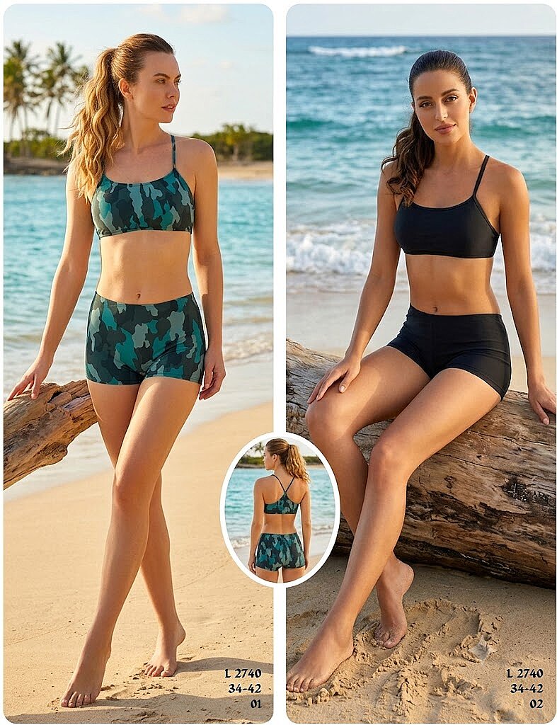Toptan Bralet Şortlu Bikini Yeşil Kamuflaj & Siyah Desenli (Model 2740 / 34-42 Seri) - 1