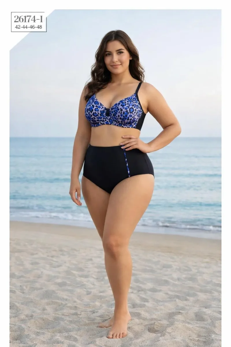 Toptan Büyük Beden Yüksek Bel Desenli Bikini - 1