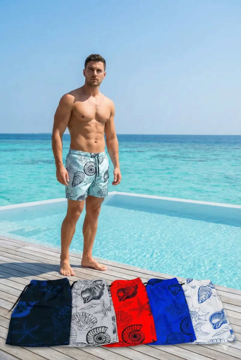 Toptan Deniz Kabuğu Desenli Erkek Deniz Şortu (5'li Seri) - 1