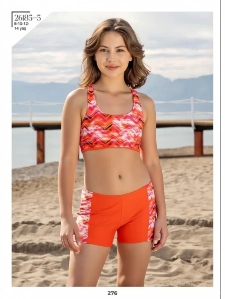 Toptan 2026 Şortlu Kız Çocuk Bikini - Turuncu Mor Çizgili Model - İstanbul Mayo - İstanbul Mayo
