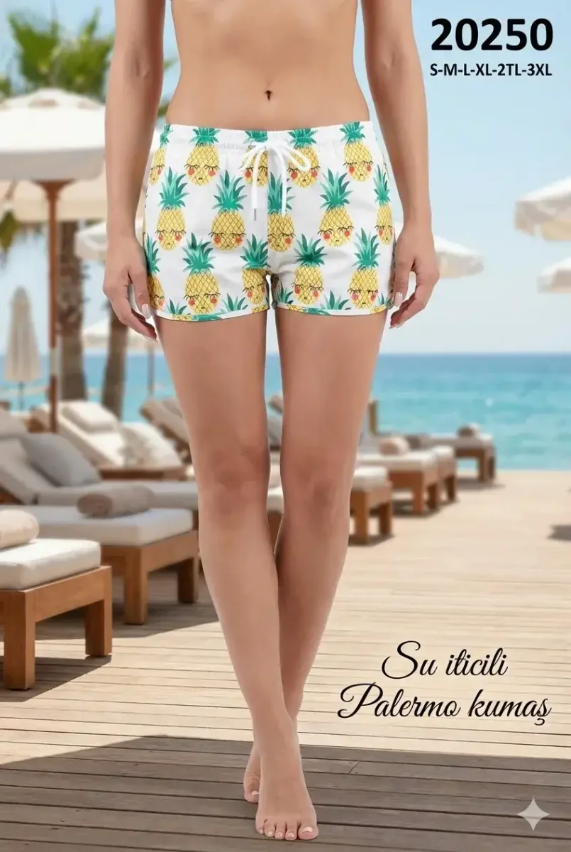 toptan kadın deniz şortu ananas desenli 20250 - 1