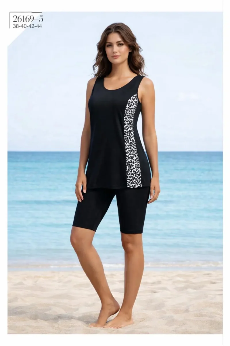 Toptan Tankini Taytlı Mayo Siyah Leopar - 1