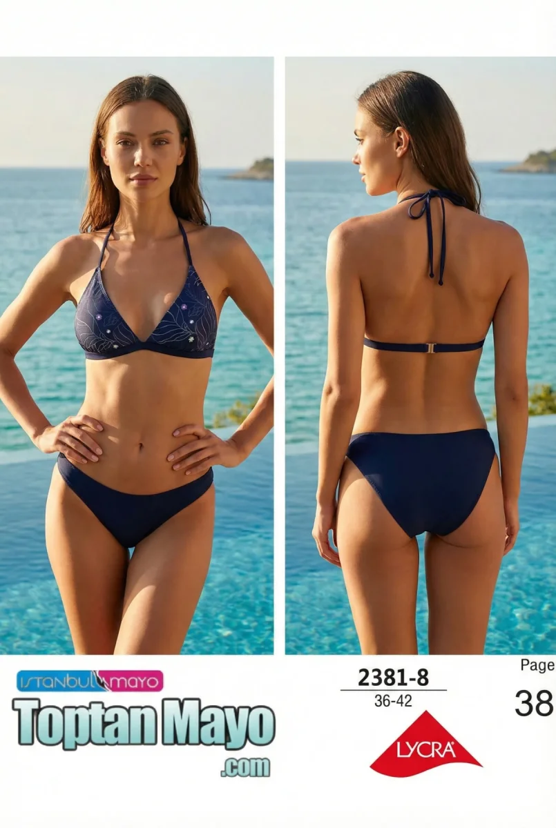 Toptan İstanbul Swimwear Lacivert Yıldız Desenli Boyundan Bağlamalı Bikini (Kod: 2381-8) - 1