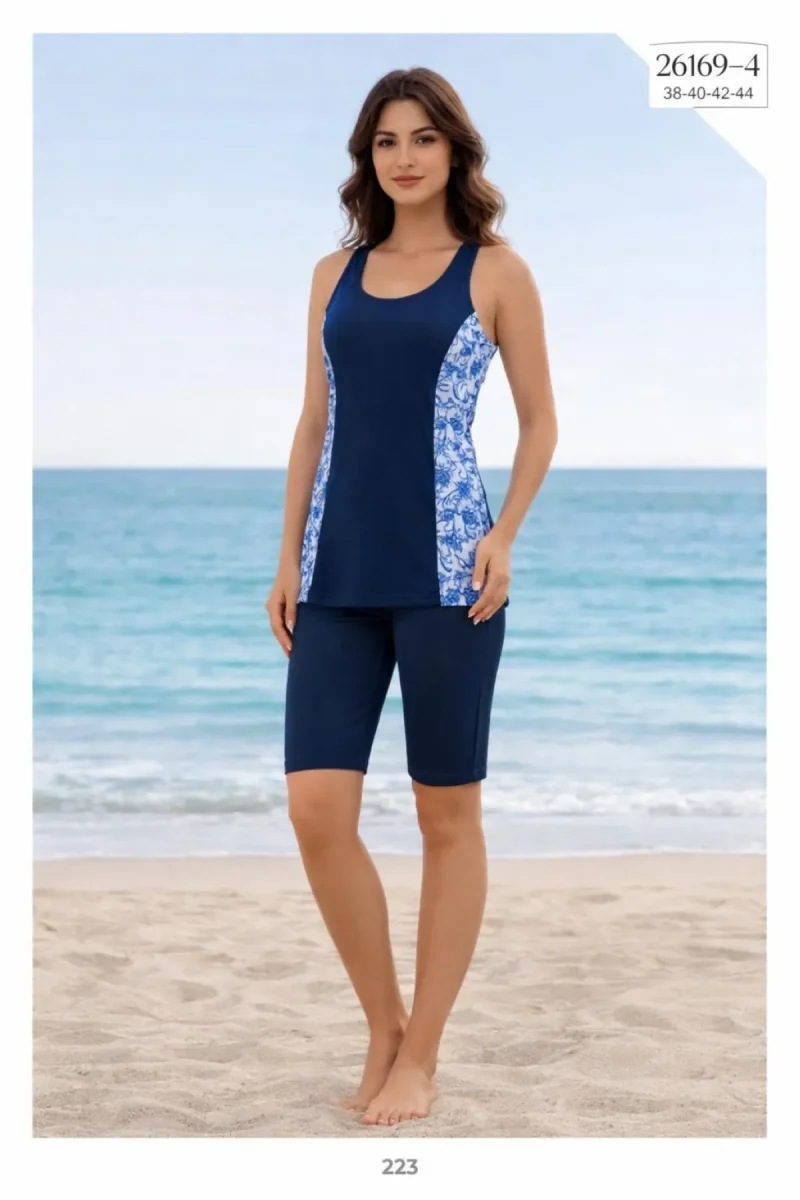 Toptan Tankini Taytlı Mayo Lacivert Desenli - 1