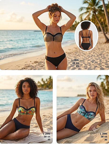 Toptan Straplez Bandeau Bikini Gümüş-Siyah - Lacivert-Tropik (Model 2806 / 38-44 Seri) - 1