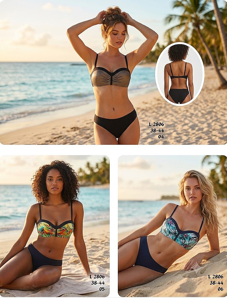 Toptan Straplez Bandeau Bikini Gümüş-Siyah - Lacivert-Tropik (Model 2806 / 38-44 Seri) - 2