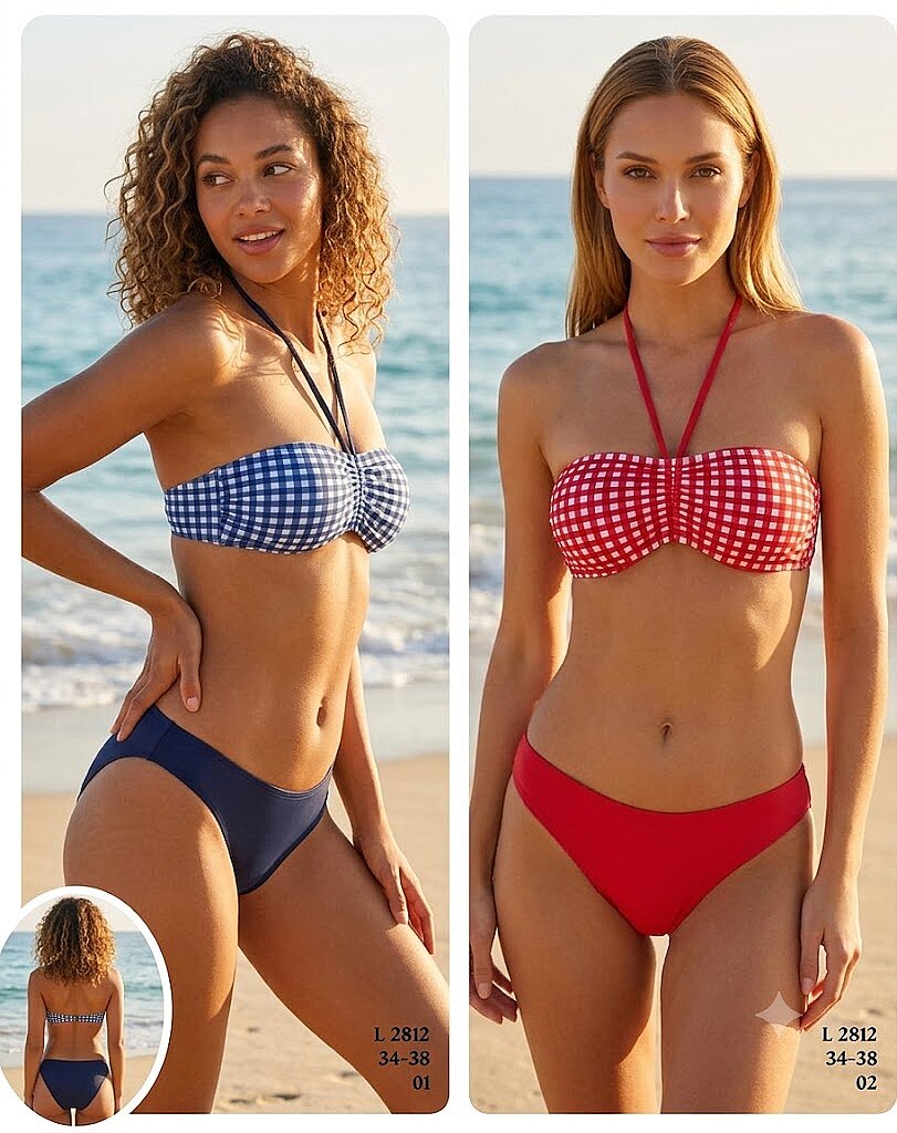 Toptan Straplez Bandeau Bikini Lacivert-Beyaz - Kırmızı-Beyaz (Model 2812 / 34-38 Seri) - 2