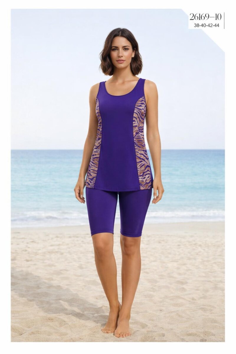 Toptan Tankini Taytlı Mayo Mor Desenli - 1