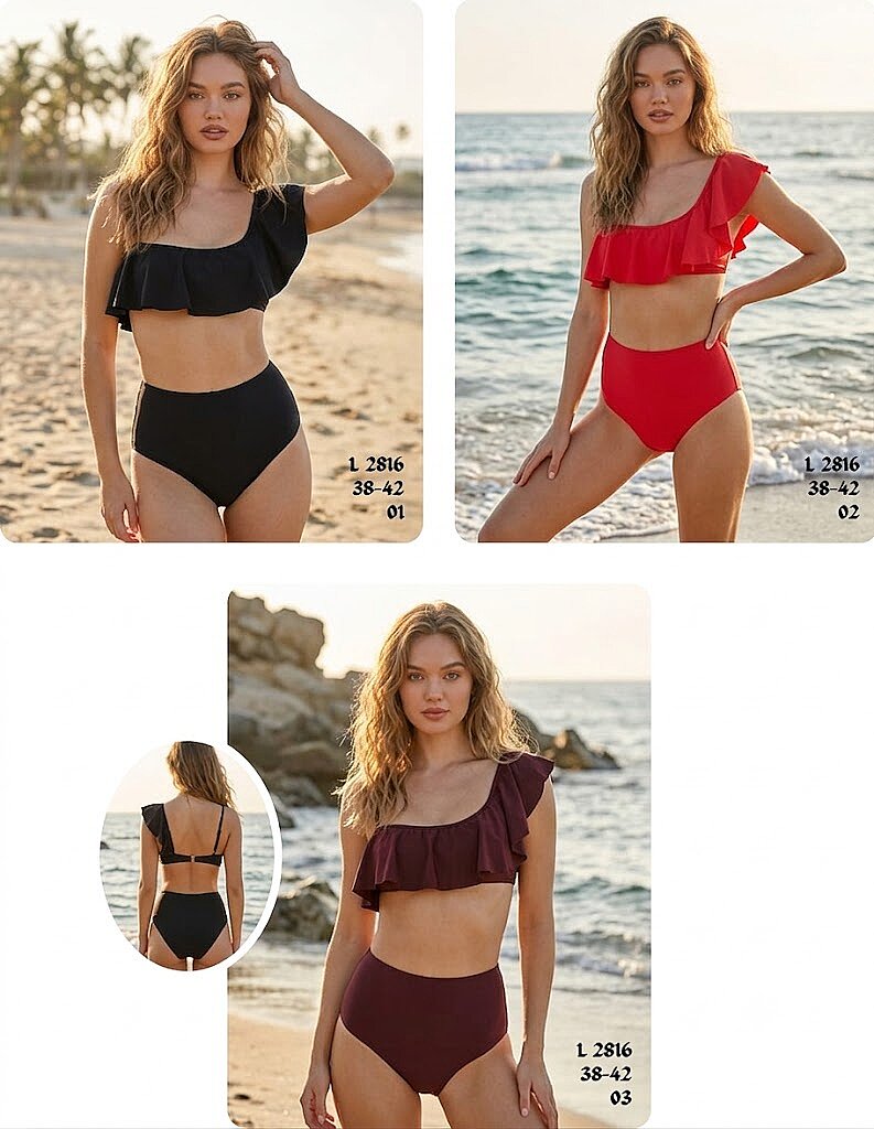 Toptan Tek Omuz Volanlı Bikini Siyah - Kırmızı - Bordo (Model 2816 / 38-42 Seri) - 1