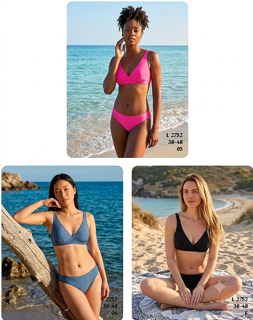Toptan Üçgen Bikini Neon Fuşya - Gri Mavi - Siyah (Model 2752 / 38-48 Seri) - 1