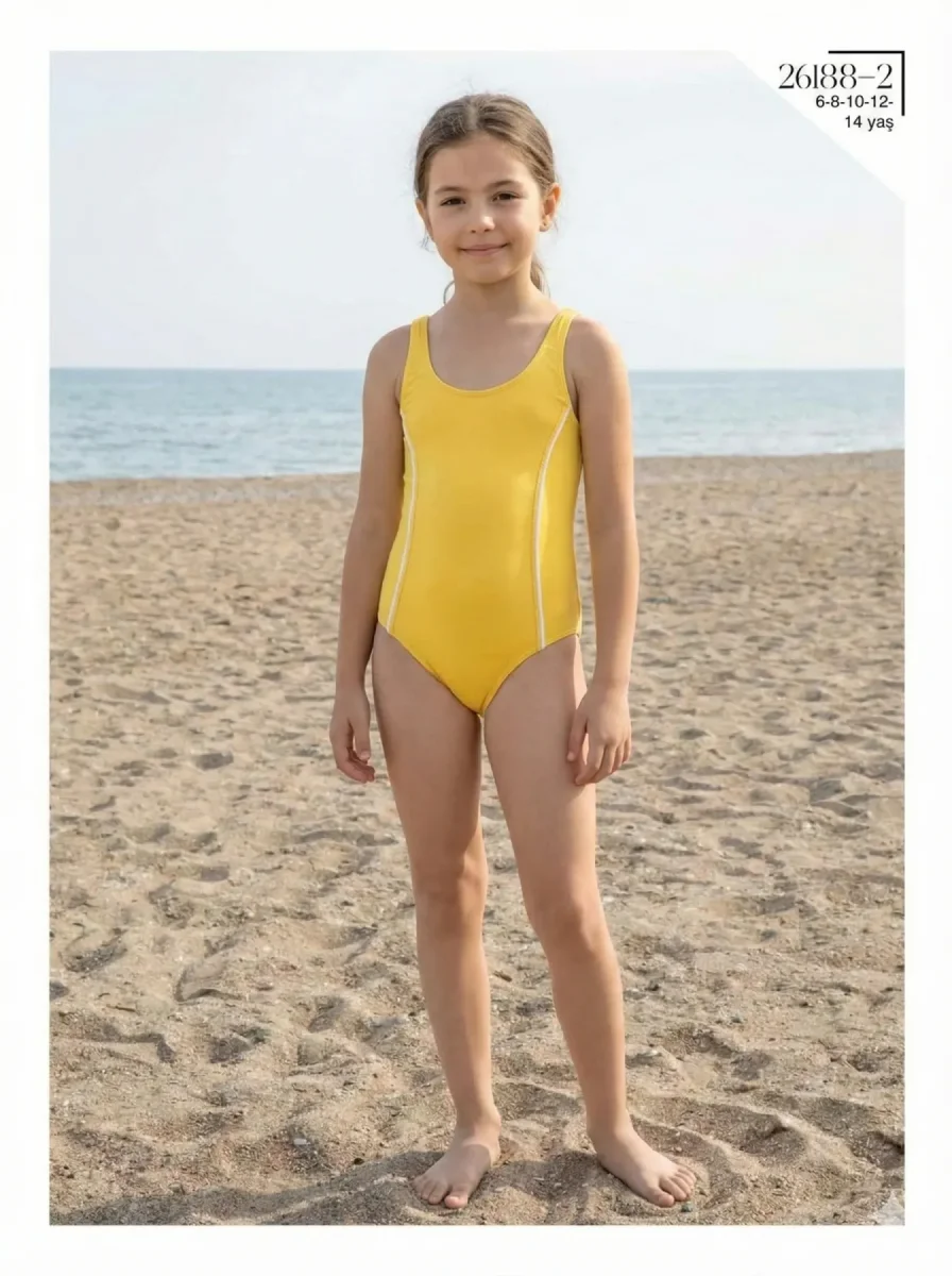 Toptan 2026 Kız Çocuk Mayo - Sarı Beyaz Biyeli Klasik Model - İstanbul Mayo - 1